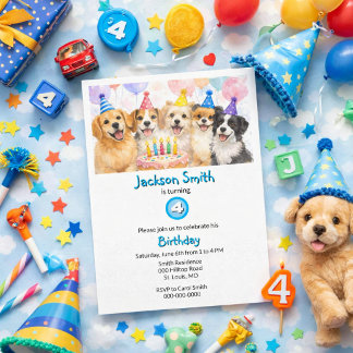 Invitation Birthday Party Dogs Watercolor Boys 