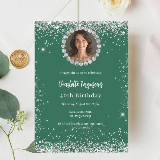 Invitation Birthday party emerald green diamond photo