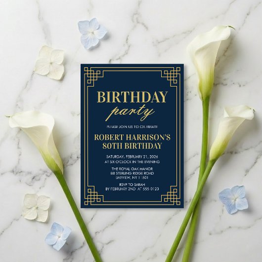 Invitation Birthday Party Navy Gold Art Deco 80th