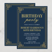 Invitation Birthday Party Navy Gold Art Deco 80th (Devant / Derrière)