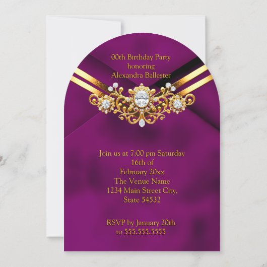 Invitation Birthday Party Plum Faux Velvet Gold Diamonds Gems (Dos)