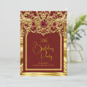 Invitation Birthday Party Regal Red Gold Lace Diamonds Gems (Debout devant)