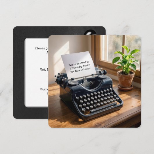 Invitation Birthday Party Retro Typewriter by a Window (Devant / Derrière)