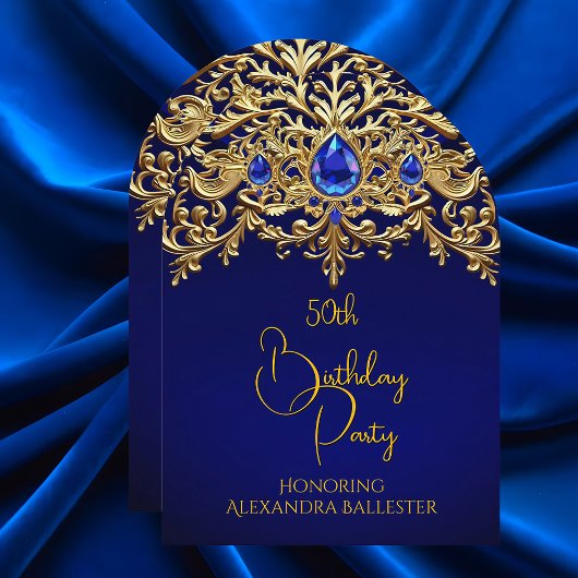 Invitation Birthday Party Royal Blue Gold Lace Diamonds Gems