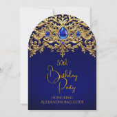 Invitation Birthday Party Royal Blue Gold Lace Diamonds Gems (Devant)