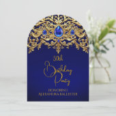 Invitation Birthday Party Royal Blue Gold Lace Diamonds Gems (Debout devant)