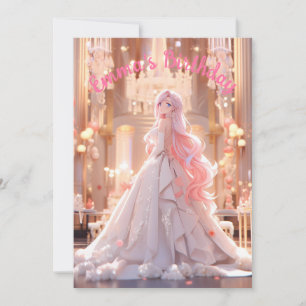 Invitation Birthday Pink hair princess in a white ballgown