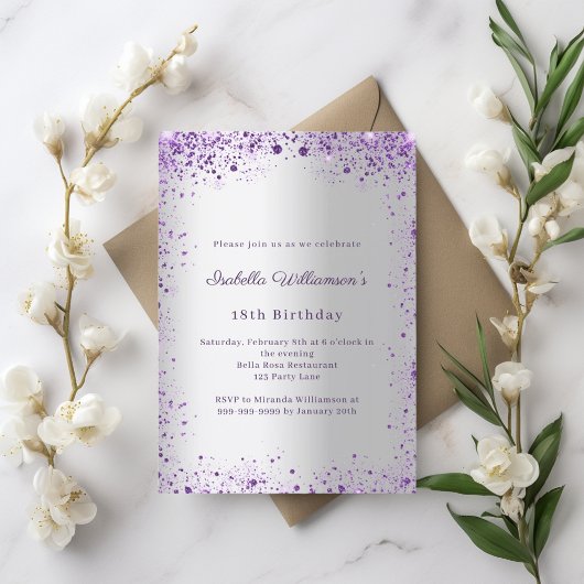 Invitation Birthday silver purple glitter
