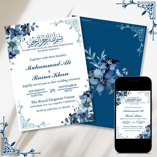 Invitation Bismillah bleu floral Mariage minimal
