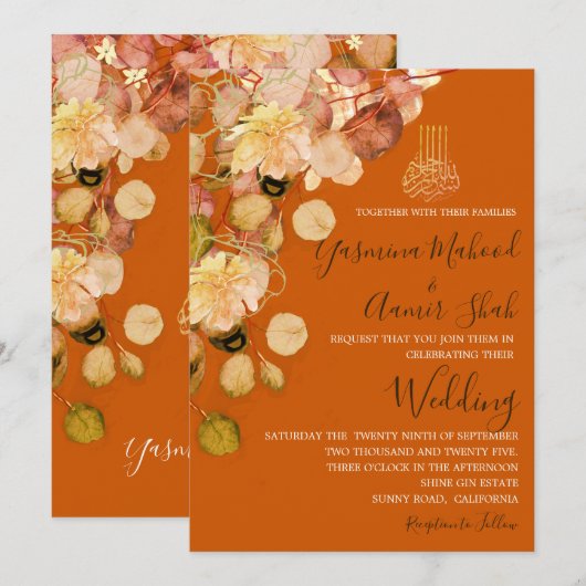 Invitation Bismillah islamique brûlé Orange Mariage floral (Devant / Derrière)