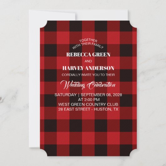 Invitation bison rouge plaid bûcheron rustique mariage d'hive (Devant)