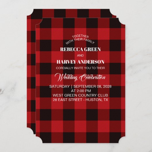 Invitation bison rouge plaid bûcheron rustique mariage d'hive (Devant / Derrière)