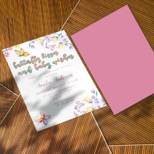 Invitation Bisous de papillon et vœux de bébé Rose Baby Showe