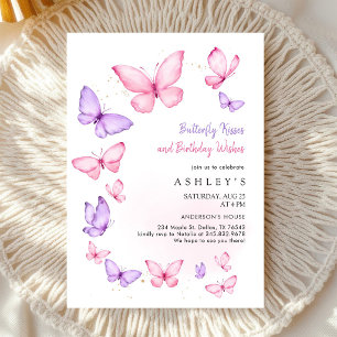 Invitation Bisous de papillon & Vœux Enfants Fille Anniversai