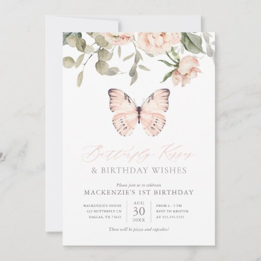Invitation Bisous papillon rose Fille fête d'anniversaire (Devant)
