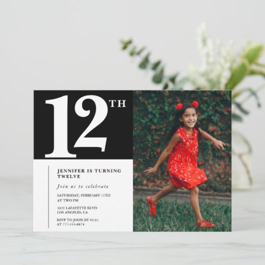 Invitation Black 12e anniversaire Chic Girls Photo (Debout devant)