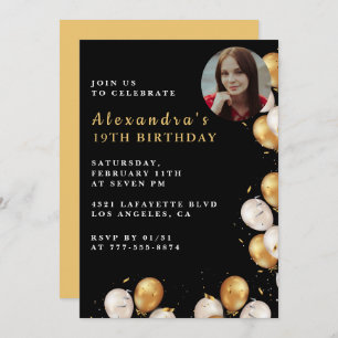 Invitation Black 19e anniversaire Gold Balloon Pho