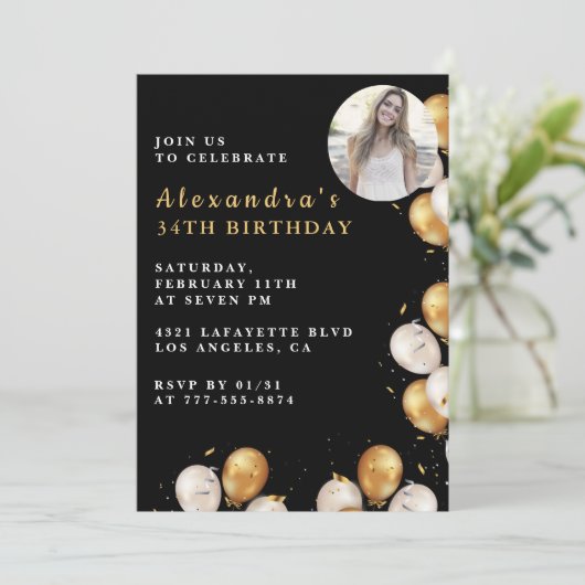 Invitation Black 34e anniversaire Gold Balloon Pho (Debout devant)