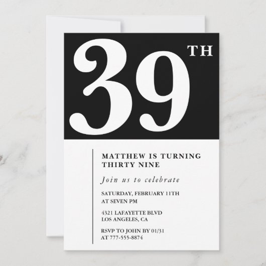 Invitation Black 39e anniversaire Elegant Chic Sim (Devant)