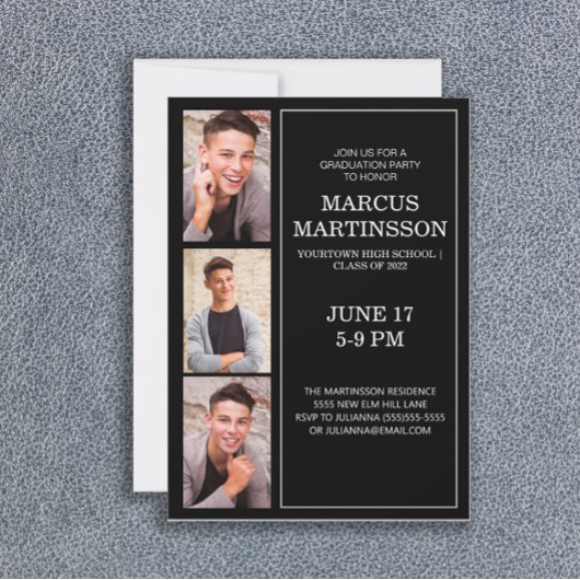 Invitation Black 3 Photo Moderne Graduation Party