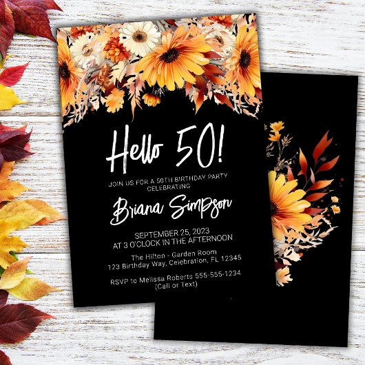 Invitation Black 50e anniversaire automne floral