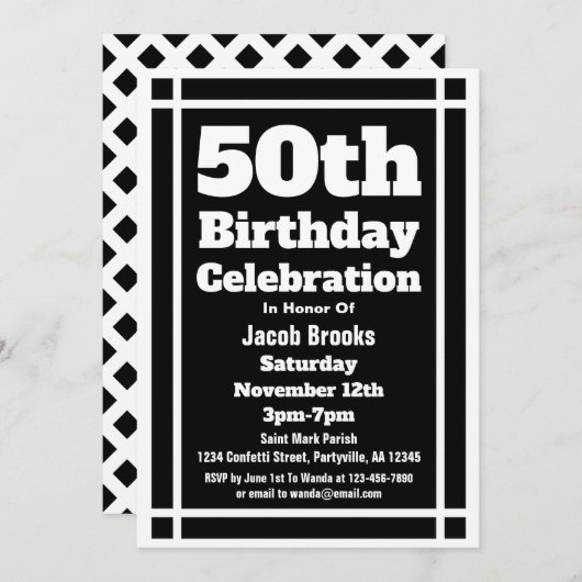 Invitation Black 50th Birthday Party (Devant / Derrière)