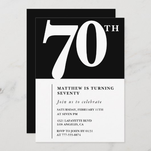 Invitation Black 70e anniversaire Elegant Chic Sim (Devant / Derrière)
