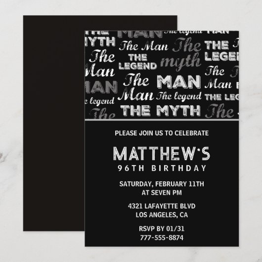 Invitation Black 96e anniversaire Man Myth Legend (Devant / Derrière)