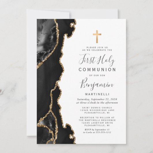 Invitation Black Agate Gold Parties scintillant première sain (Devant)