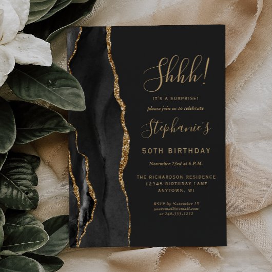 Invitation Black Agate Gold Surprise 50e fête d'anniversaire