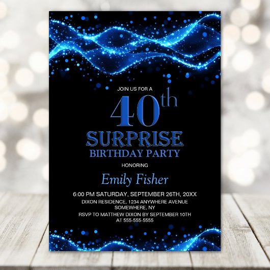Invitation Black and Blue Surprise 40e fête d'anniversaire