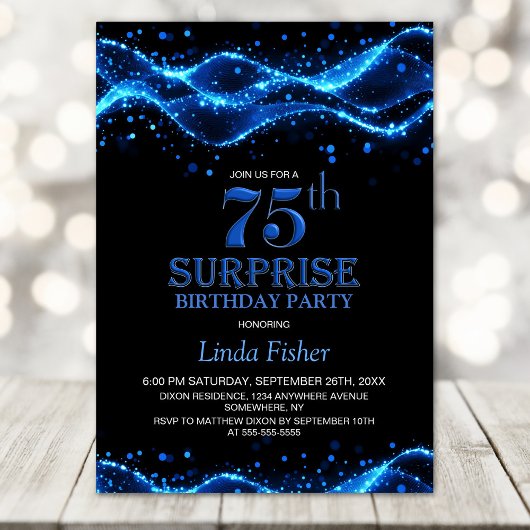 Invitation Black and Blue Surprise 75e fête d'anniversaire