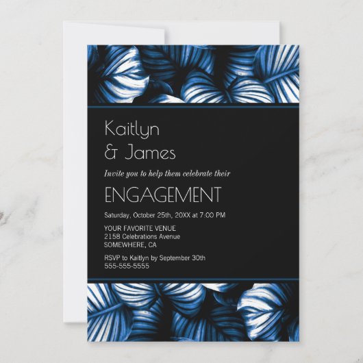 Invitation Black and Blue Tropical Palm Engagement Party (Devant)