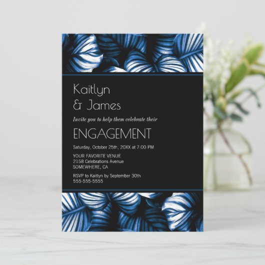 Invitation Black and Blue Tropical Palm Engagement Party (Debout devant)
