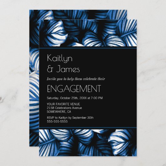 Invitation Black and Blue Tropical Palm Engagement Party (Devant / Derrière)