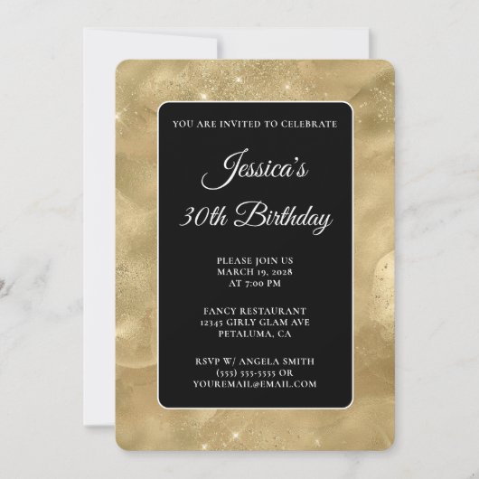 Invitation Black and Glittery Gold Ink 30th Birthday (Devant)