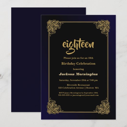 Invitation Black and Gold 18th Birthday Party (Devant / Derrière)