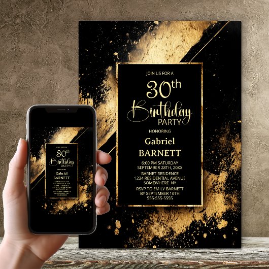 Invitation Black and Gold 30th Birthday Party