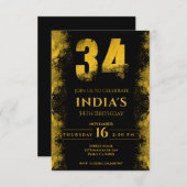 Invitation Black And Gold 34th Birthday Party (Devant / Derrière)