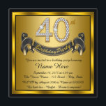 Invitation Black and Gold 40th Birthday Party<br><div class="desc">Elégante invitation à la fête du 40e anniversaire avec des numéros de diamant et une bannière sur un arrière - plan noir et or. Cette belle invitation de fête de 40ème anniversaire en noir et or est facilement customisée pour votre événement. Vous pouvez modifier la couleur de l'arrière - plan....</div>
