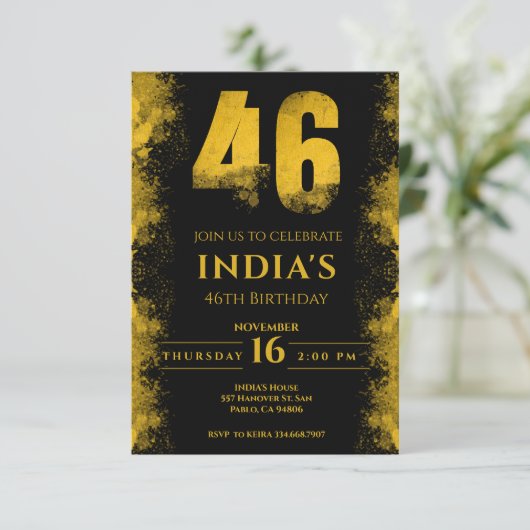 Invitation Black And Gold 46th Birthday Party (Debout devant)