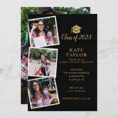 Invitation Black And Gold 4 Photo Graduation Party (Devant / Derrière)