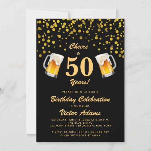 Invitation Black and Gold 50e anniversaire | Courses et bière (Devant)