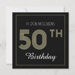 Invitation Black and Gold 50th Birthday Retro Stripe Print