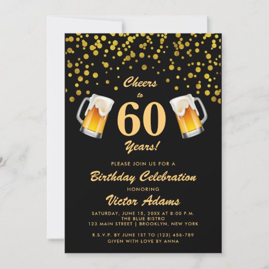 Invitation Black and Gold 60e anniversaire | Courses et bière (Devant)