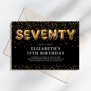 Invitation Black and Gold 70th Birthday Balloons