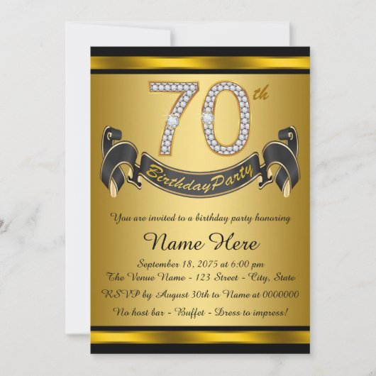 Invitation Black and Gold 70th Birthday Party (Devant)