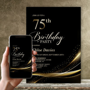Invitation Black and Gold 75e fête d'anniversaire moderne
