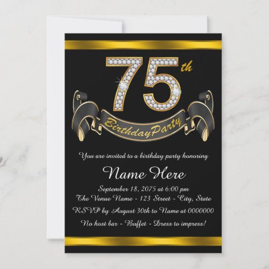 Invitation Black and Gold 75th Birthday Party (Devant)