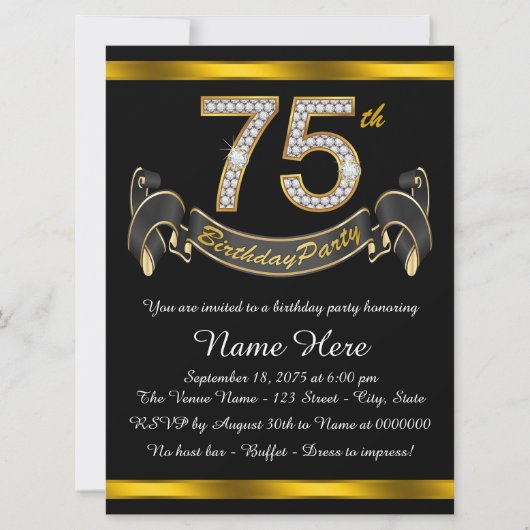 Invitation Black and Gold 75th Birthday Party (Devant)